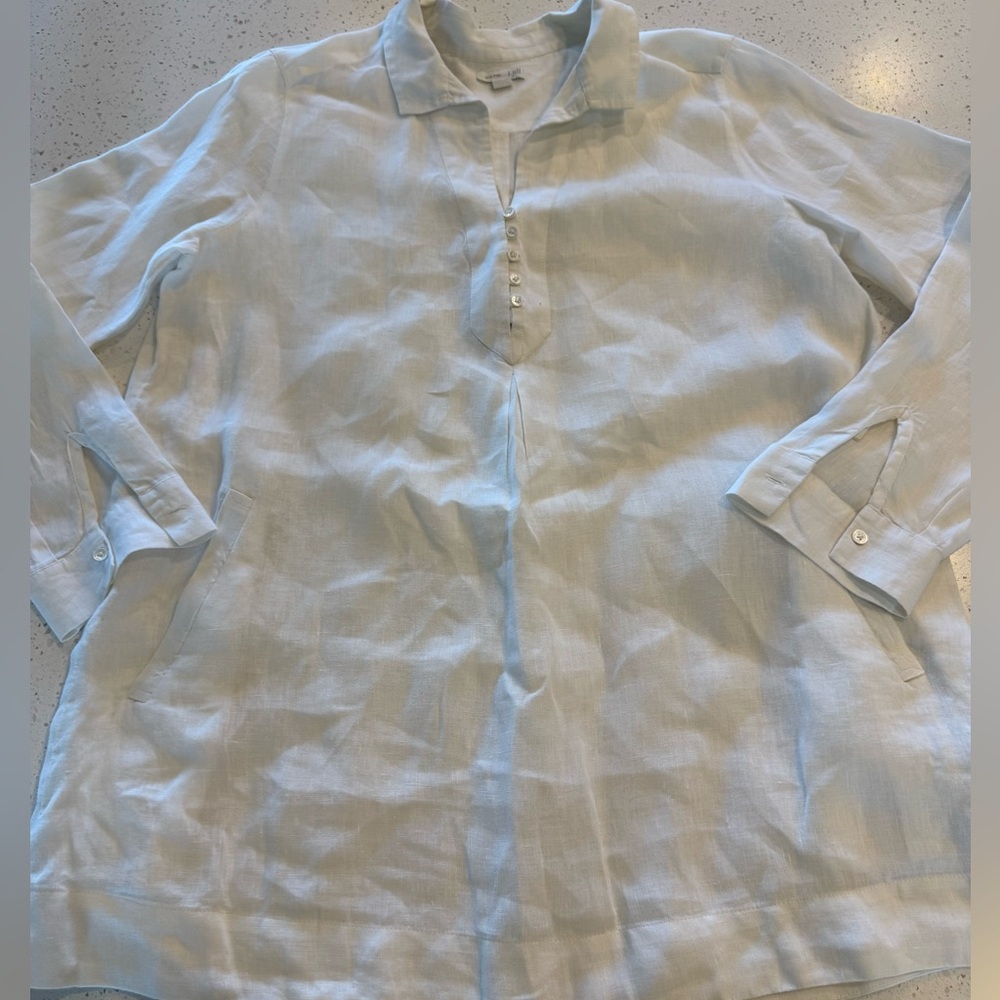 J.Jill White Love Linen 100% Tunic Pockets Medium India Womens Tunic Shirt Top